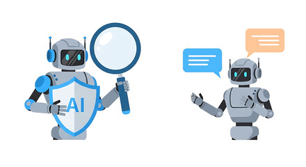 Two robots are communicating and searching for information isolated on white background