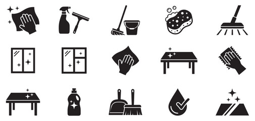 Cleaning icon set. Vector icons for sanitation and cleaning supplies: spray bottle, bubbles, detergent, wiping hand, soap bar, sparkling leaf, clean tag. Vector icon. 