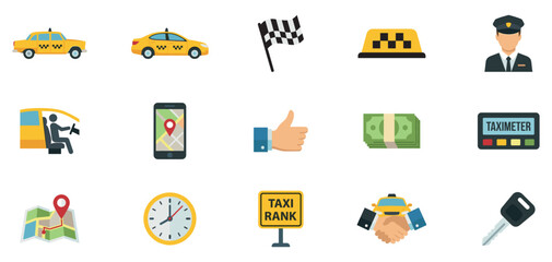 Taxi icon set. Taxi service icon set. Taxi car map pin mark. Color signs of taxi stop place. Vector Illustration. ESP 10	
