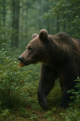 Fototapeta premium 北海道の森でベリーを探すヒグマ / Brown Bear Foraging Berries in Hokkaido Forest