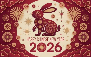 Chinese new year rabbit 2026 red gold festive illustration with floral motifs lanterns clouds stars elegant oriental decoration ideal for holiday greetings and commercial stock use