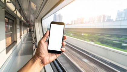 Hand holding smartphone with blank screen inside a moving train with city view mobile phone