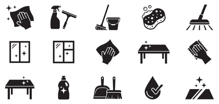 Cleaning icon set. Vector icons for sanitation and cleaning supplies: spray bottle, bubbles, detergent, wiping hand, soap bar, sparkling leaf, clean tag. Vector icon.	
