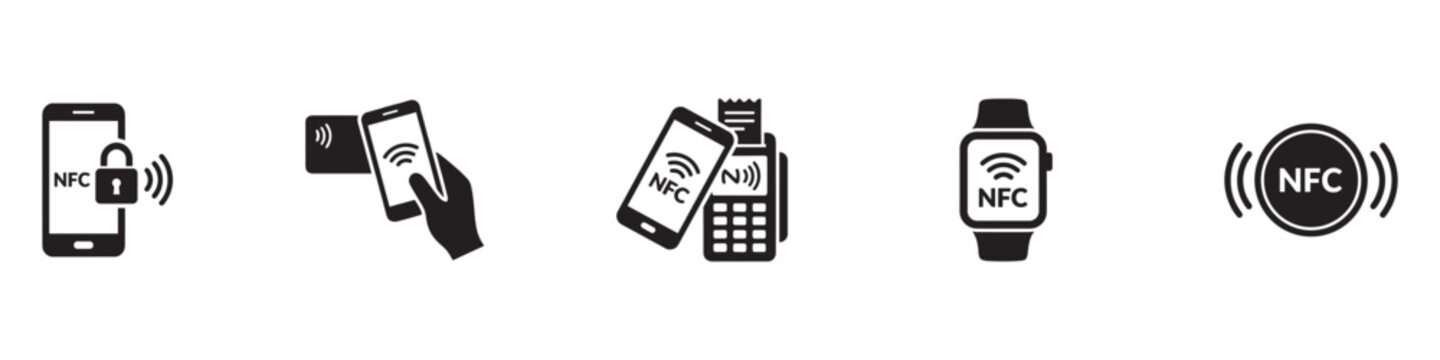 Nfc icon set. Contactless wireless pay sign logo. NFC payments icon for apps. Contactless NFC payment sign. NFC payment with smartphone icons. Vector illustration. EPS 10