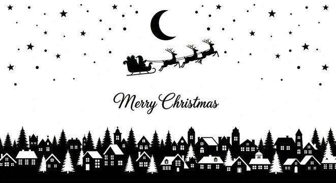 Black and white Christmas village skyline silhouette with Santa Claus flying a sleigh and reindeer across the starry night sky