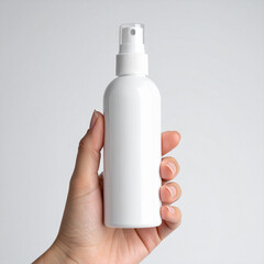 Hand Holding White Spray Bottle with Transparent Cap and Pump image photo