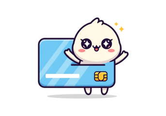 Cute cartoon character with happy face peeking from credit card