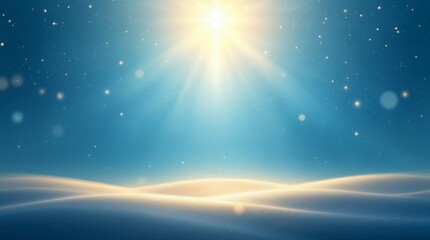 Christmas nativity scene with a bright shining star. Spiritual background of a holy night with the Star of Bethlehem. Abstract winter landscape with golden light