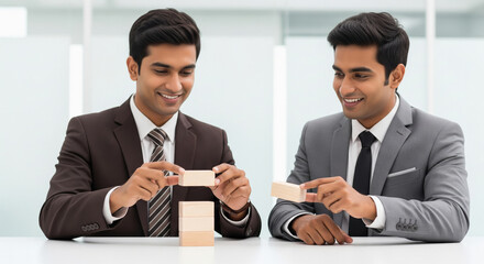 Two young Indian businessmen in suits smile as they thoughtfully stack wooden blocks on a table