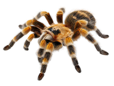 Striking Arachnid: An up-close view of a vibrant tarantula, showcasing its intricate patterns and formidable presence. 
