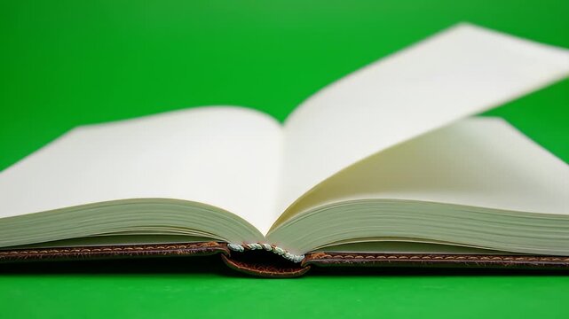 An open book with blank pages on a green background.