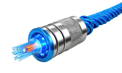 Fiber Optic Cable:  A close-up captures the intricate structure of a fiber optic cable, its core emitting a vibrant blue light, symbolizing the cutting-edge technology of high-speed data transfer.