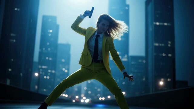 Dynamic businesswoman takes aim with pistol during thrilling night city chase sequence 4k high quality footage