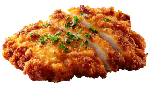 Golden Crisp Delight: A tantalizing close-up showcases a succulent piece of crispy, golden-brown fried chicken. Sliced expertly to reveal the tender, juicy interior.