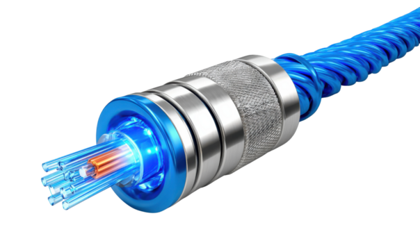 Fiber Optic Cable:  A close-up captures the intricate structure of a fiber optic cable, its core emitting a vibrant blue light, symbolizing the cutting-edge technology of high-speed data transfer.