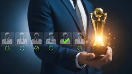 Business leader holding trophy with employee selection interface symbolizing talent acquisition