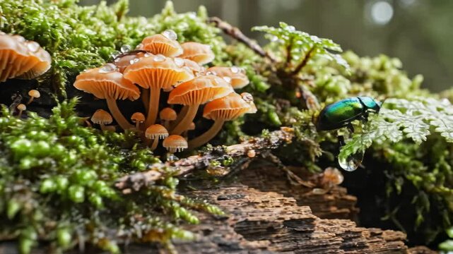 Earthy Ecosystem: A captivating glimpse of a miniature ecosystem, showcasing a cluster of orange mushrooms, vibrant moss, and a shining beetle flourishing on a natural log.