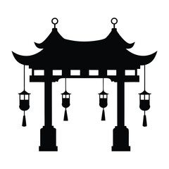 Traditional Chinese Gate Silhouette and Lanterns 