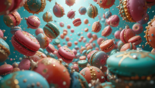 Colorful macarons float in whimsical, dreamy scene, surrounded by sparkling decorations. vibrant pink, blue, and orange hues create playful and joyful atmosphere