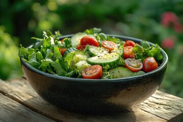 A fresh, vibrant green salad in a dark bowl, featuring crisp lettuce, sliced cucumbers, and halved cherry tomatoes, topped with seasoning. A healthy outdoor meal.