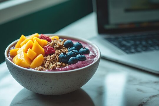 A vibrant smoothie bowl with fresh mango, blueberries, raspberries, and granola, served next to a laptop, suggesting a healthy work break. - Powered by Adobe