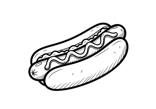 Abstract line art hot dog illustration with condiment in a bun