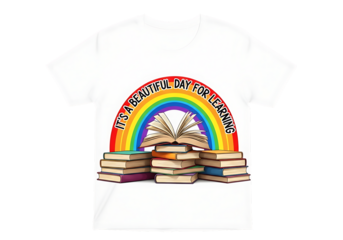 Learning day t-shirt design with vibrant rainbow and book stacks.