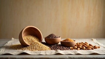 Healthy Seeds and Nuts Still Life in Rustic Bowls on Linen Cloth
