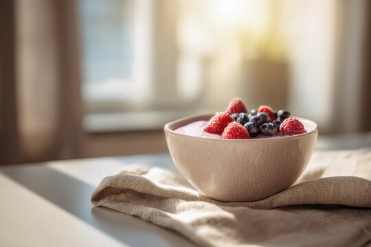Delicious bowl of yogurt with fresh raspberries and blueberries in morning light Generative AI