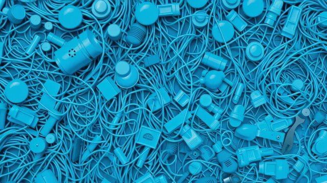 Vibrant Blue Plastic Items and Tangled Cords Showcase Chaotic Scene of Electronic Accessories and Tools in Striking Color Palette