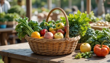 Fresh produce basket filled with colorful fruits and vegetables at a market Generative AI