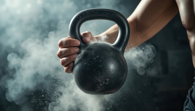 Kettlebell workout in a smoky gym setting under dim lighting Generative AI