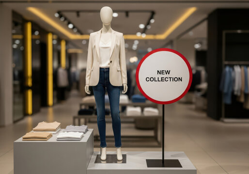 Mannequin with "new collection" sign in modern retail store.
