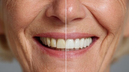 Comparison of Smiles Showing Before and After Dental Treatment in an Elderly Woman with Visible Teeth Improvement