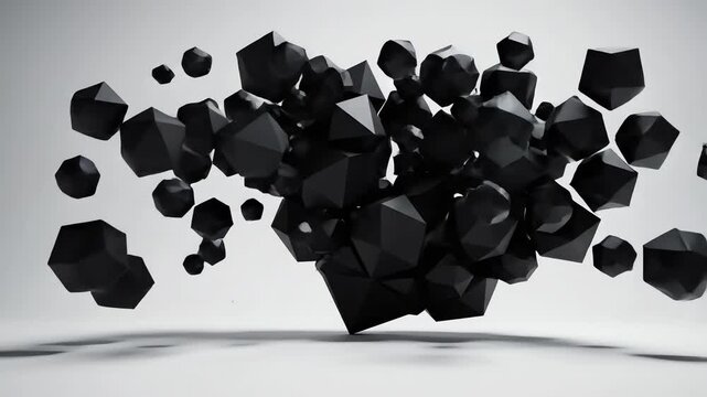A complex structure of matte black geometric shapes balanced precariously on a single edge slowly starts to tilt, disrupting the perfect symmetry and causing impending collapse equilibrium