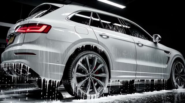 Dynamic luxury SUV undergoing a rigorous, sudsy car wash in a modern, well-lit detail bay. 4k high quality footage