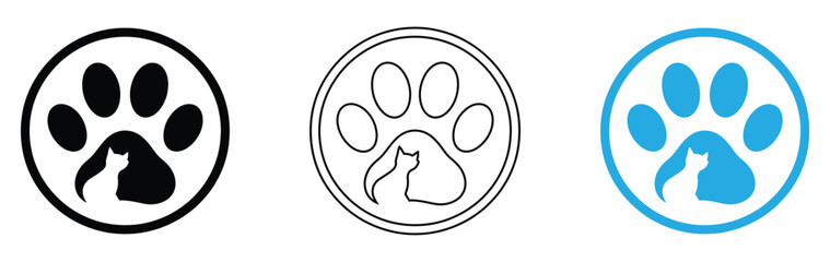 Elegant cat paw print logo designs for veterinary clinic branding needs, Dog paw print set. Paw icon collection on white background . Vector illustration.Different animal paw. Paw prints silhouette. 