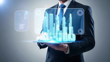 Businessman interacts with futuristic holographic city skyline on digital interface, envisioning smart urban development. 4k high quality footage - Powered by Adobe