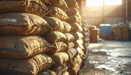 Fototapeta premium Burlap sacks stack in sunlit warehouse—ritual of stored labor and industrial rhythm, where warm light and worn concrete choreograph the emotional architecture of supply, endurance, and logistical brea