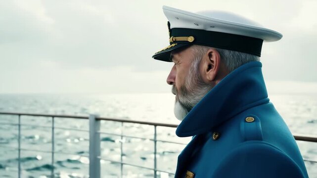 Experienced captain confidently pilots ship at sea, smoking pipe with wisdom and authority 4k high quality footage