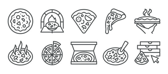Pizza Icon Set. Simple Line Illustrations of Multiple Pizza Designs Including Slices, Oven Baking, Melting Cheese, Serving Hand, Steaming Dish, Cutting Tools, Delivery Box and Online Order.