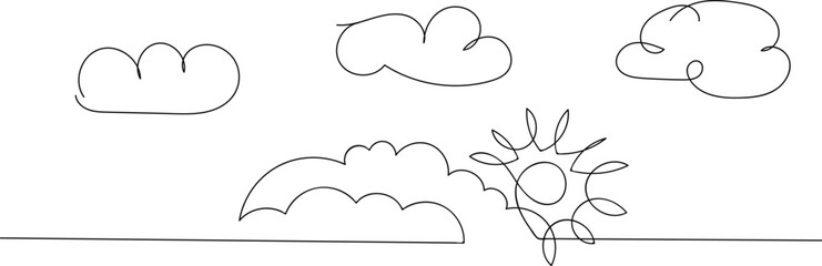 One continuous line drawing of Clouds with sun in the sky. Minimalist continuous line drawing of sun and clouds. A simple, single-line illustration depicting the sun shining brightly amidst fluffy