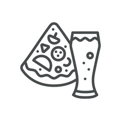Pizza and Beer Icon. Simple Line Illustration of Pizza Slice with Tall Glass of Beer, Symbolizing Casual Dining, Pub Snack and Social Gathering.
