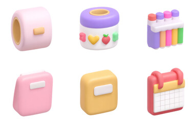 Soft Pastel Mini Stationery Kit with 3D Clay Illustration Isolated on Transparent Background