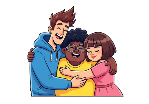 Diverse group of happy friends embracing, showing unity and support