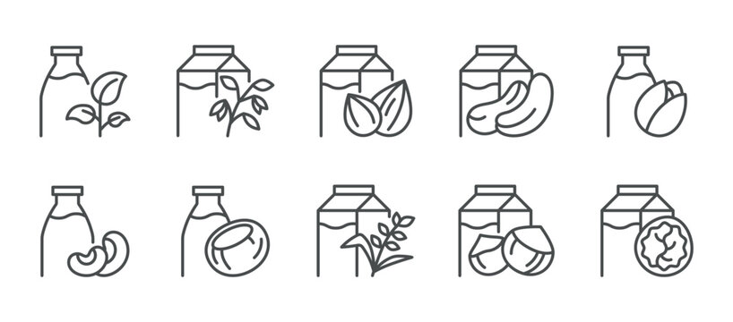 Plant Milk Icons Set. Thin Line Pictograms of Bottles and Cartons with Walnuts, Soy, Plants, Coconut. Plant‑Based Beverages - Almond milk, Oat Milk, Plant Milk, Pistachio, Soy, Cashew, Hazelnut Drink.