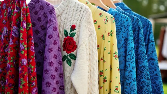 Vibrant floral and embroidered clothing collection displayed on hangers at an outdoor market stall 4k high quality footage