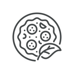 Vegan Pepperoni Pizza Icon. Thin Line Illustration of Pepperoni-Style Pizza with Leaf Garnish, Representing Plant Based Toppings, Meat Free Cuisine and Sustainable Eating.