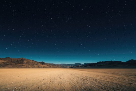 A serene, expansive desert plain stretches towards distant arid mountains under a breathtaking, star-filled deep blue sky.