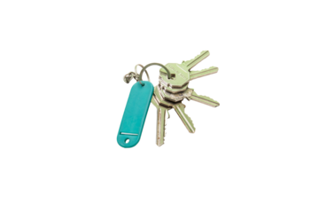 Plastic keychain of different colors with a place for a signature isolated on transparent background. Bunch of keys with keychain